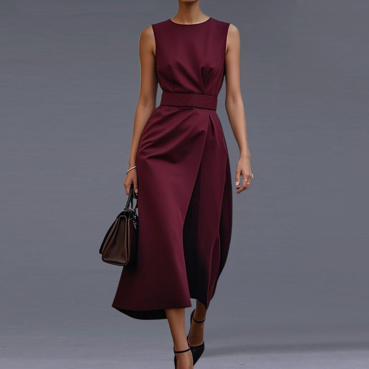 Formal Solid Round Neck Sleeveless Belt Midi Dress