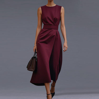 Formal Solid Round Neck Sleeveless Belt Midi Dress