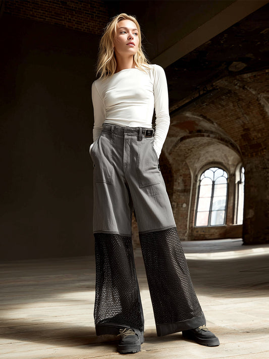 Fashionable Street Gray Denim And Mesh Straight Jeans