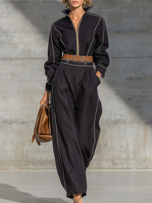 Exquisite Casual Lapel Front Zipper White Piping Black Jumpsuit
