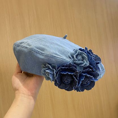 Fashion Color Block 3D Floral Denim Beret