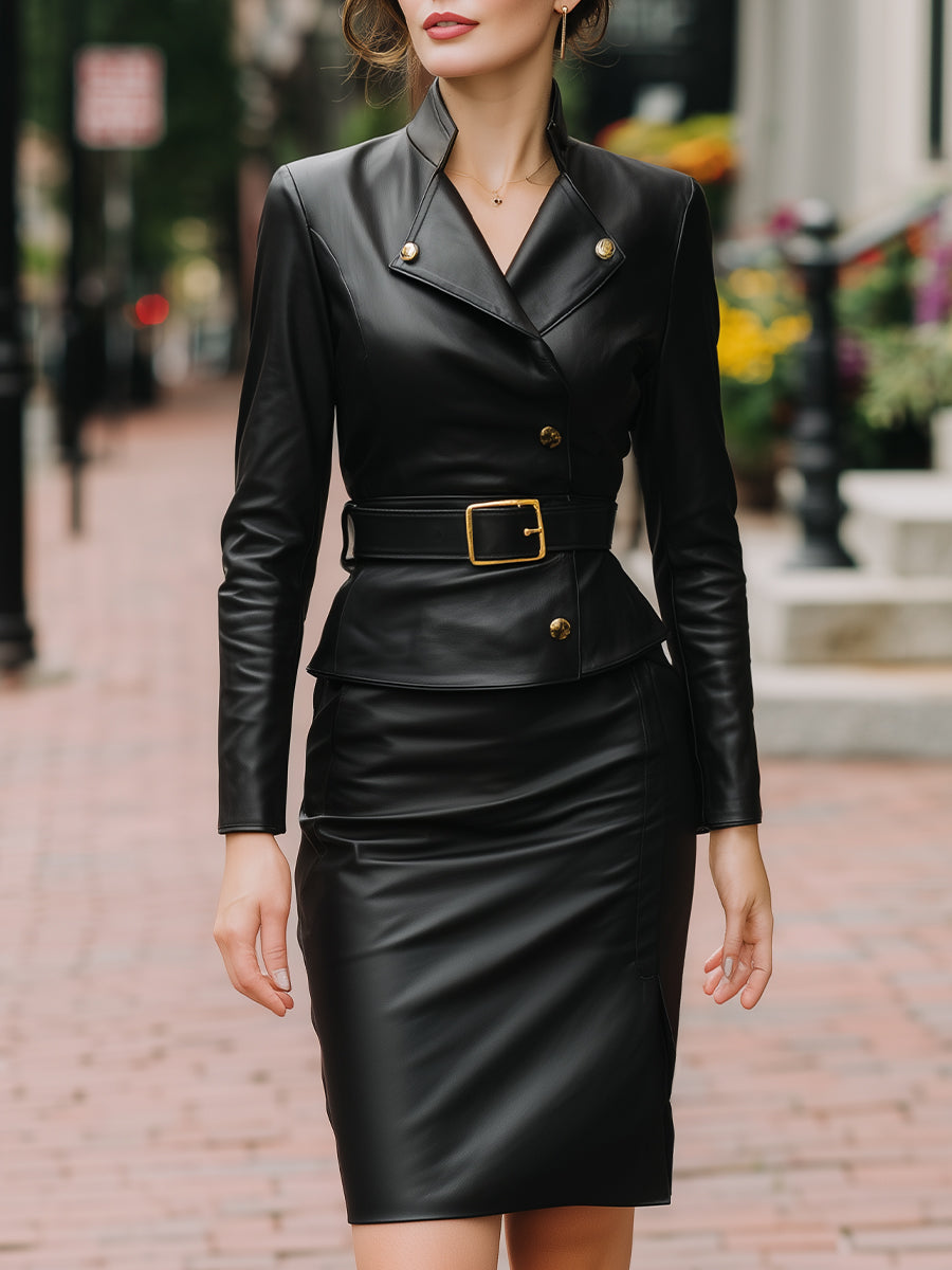 Faux Leather Belted Two-Piece Set