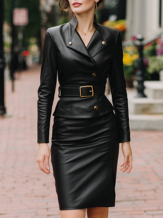 Faux Leather Belted Two-Piece Set