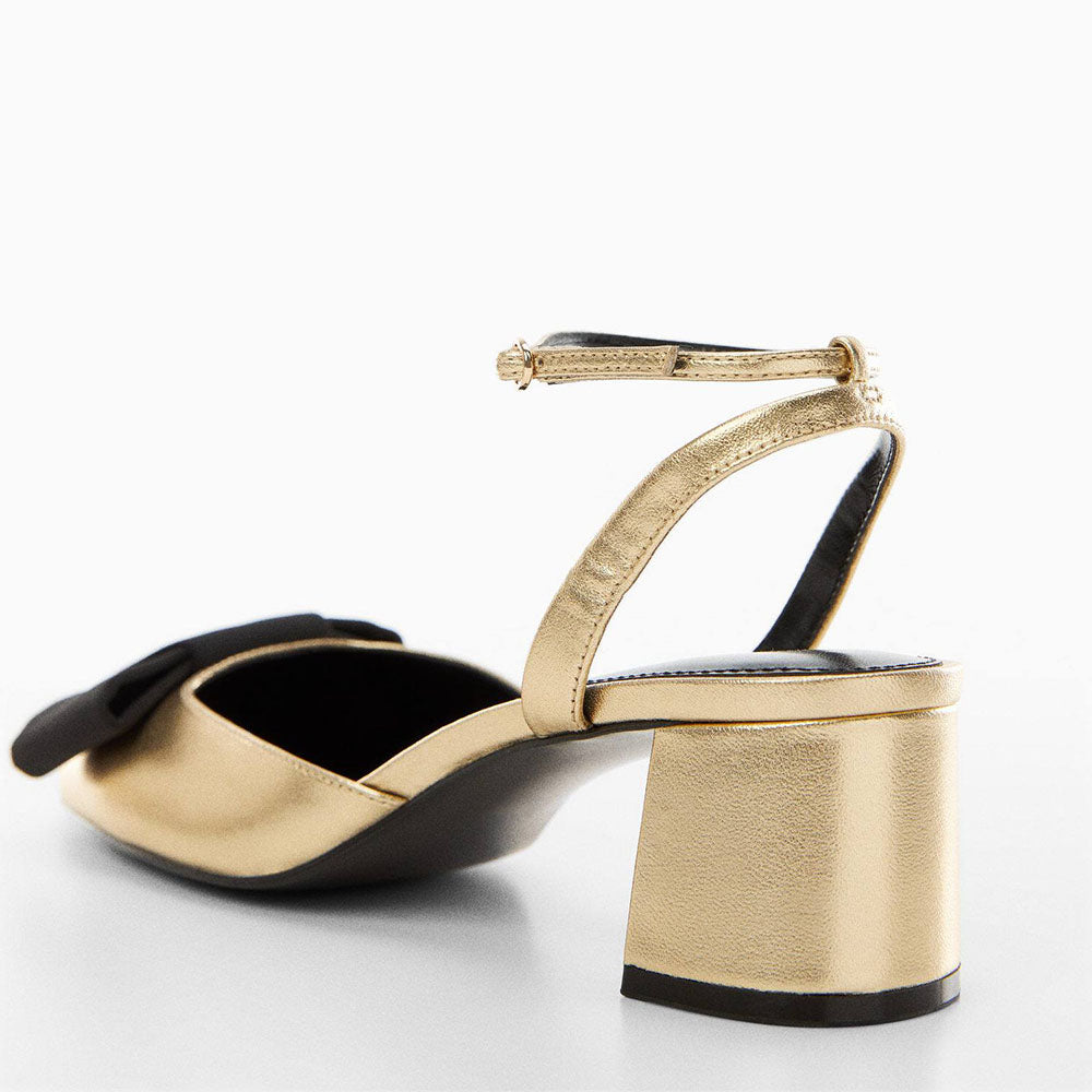 Gold & Black Vegan Leather  Round Toe Ankle Strappy Bow Sandals With Chunky Heels