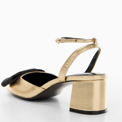Gold & Black Vegan Leather  Round Toe Ankle Strappy Bow Sandals With Chunky Heels