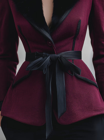 Elegant Burgundy Tailored Coat With Faux Fur Collar & Ribbon Belt