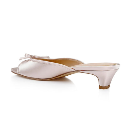 Elegant Champagne Open Square Toe Bow Chunky Heel Slide Sandals