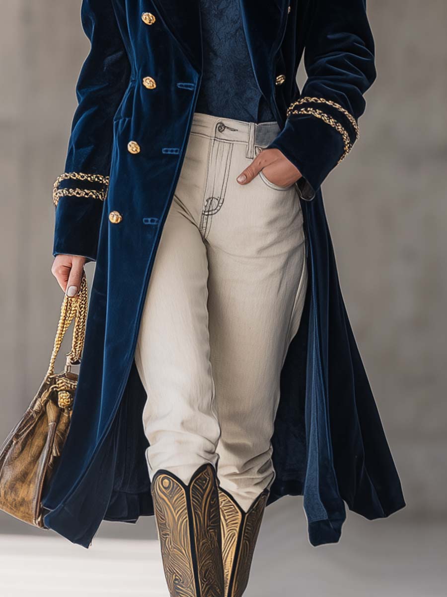 Exquisite Retro Western Gold Trim Large Lapel Metal Front Button Dark Blue Wide Shoulder Velvet Coat