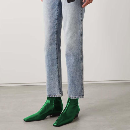 Dark Green Square Toe Low Heel Ankle Boots for Women with Zipper