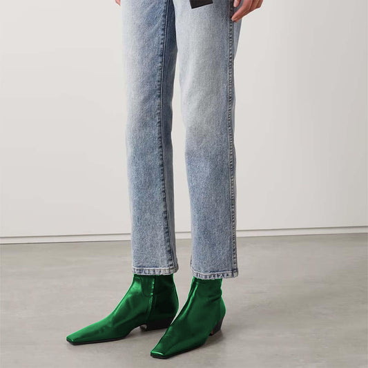 Dark Green Square Toe Low Heel Ankle Boots for Women with Zipper