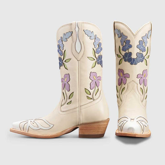 Beige Snip Toe Butterfly & Floral Inlay Mid Calf Cowgirl Boots