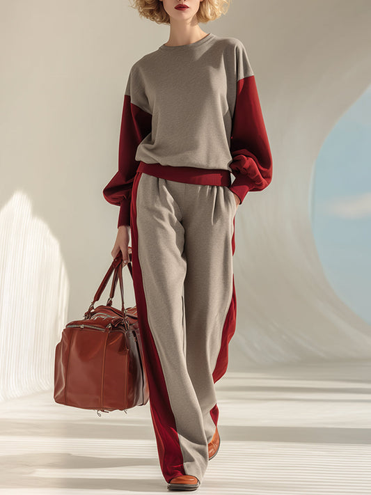 Fashionable Loose Gray Contrast Wine Red Sweatshirt Trousers Casual Set
