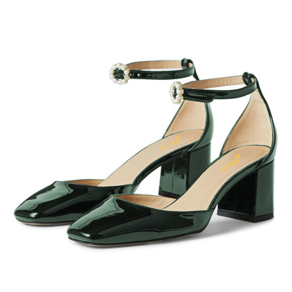 Dark Green Pearl Buckle Strap Square Toe Block Heel Pumps for Women