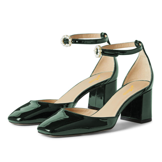 Dark Green Pearl Buckle Strap Square Toe Block Heel Pumps for Women