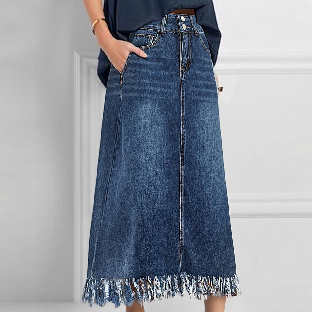 Denim High Rise Buttons Raw Edge Back Slit Midi Skirt