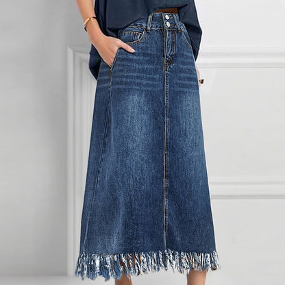 Denim High Rise Buttons Raw Edge Back Slit Midi Skirt