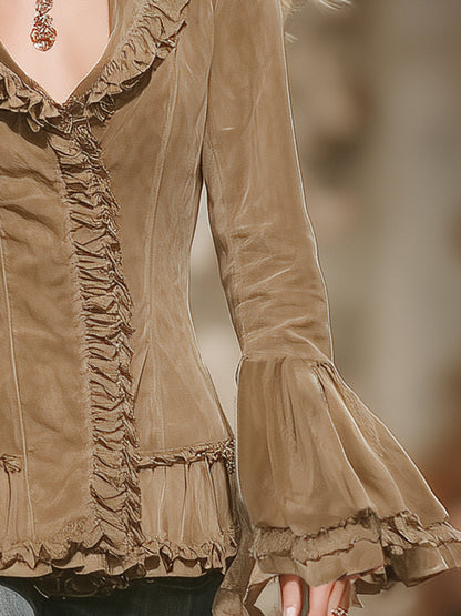 Vintage Western Ruffle Trim Light Khaki Faux Suede Blazer