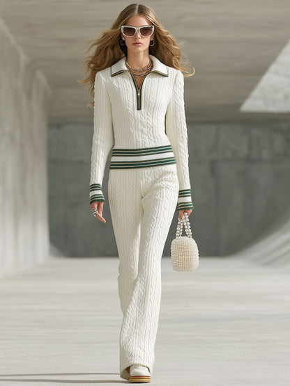 Fashion Retro Trim White Knitted Cable Zipper Polo Shirt Flared Pants Set