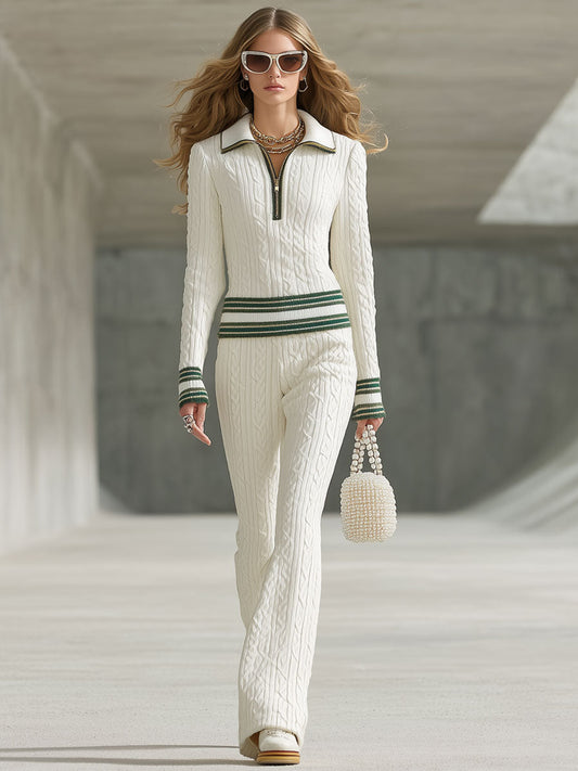 Fashion Retro Trim White Knitted Cable Zipper Polo Shirt Flared Pants Set