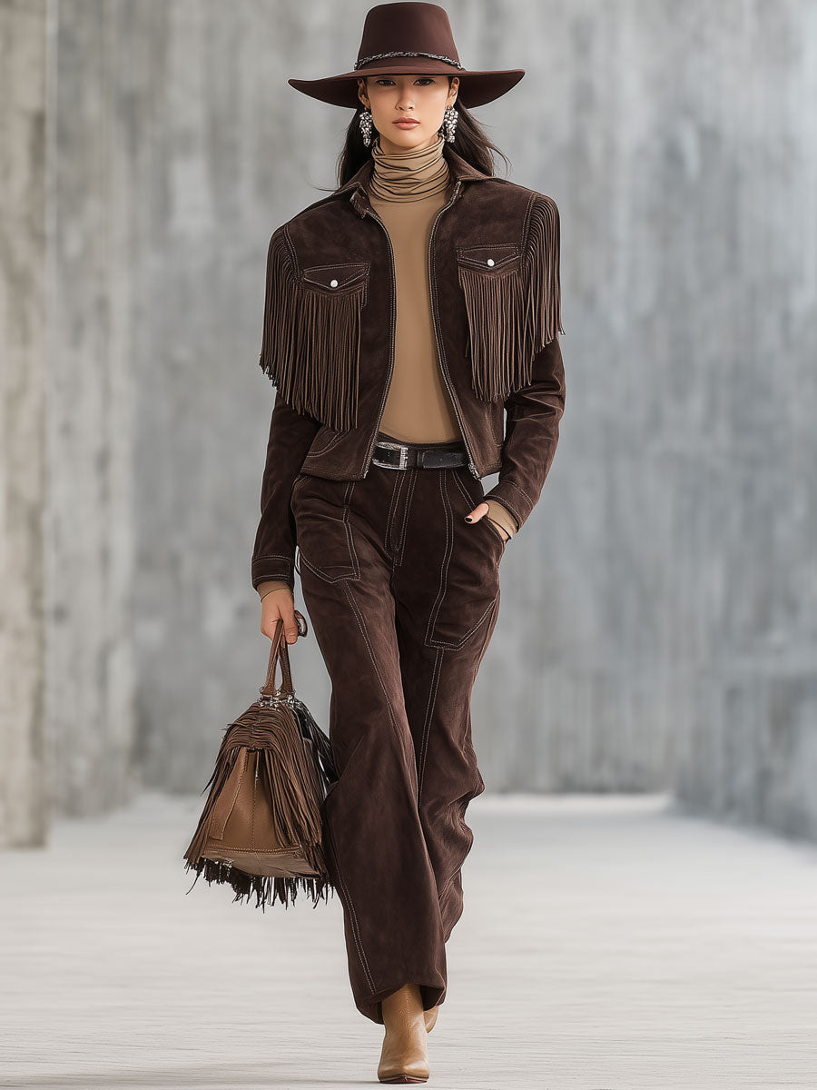 Western Vintage Cocoa Brown Faux Suede Tassel Jacket Straight Pants Set
