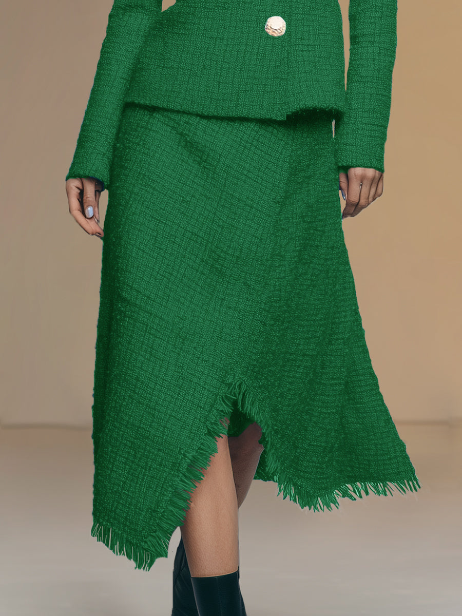 Fashionable And Exquisite Oblique Collar Raw Edge Jacket Irregular Hem Skirt Tweed Set