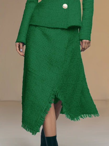 Fashionable And Exquisite Oblique Collar Raw Edge Jacket Irregular Hem Skirt Tweed Set