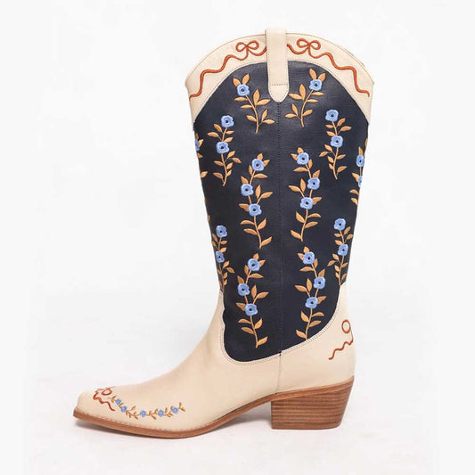 Beige and Navy Floral Embroidered Chunky Heel Wide Calf Cowgirl Boots