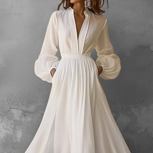 Elegant Deep V Neck Lantern Sleeve Pocket Tunic Maxi Dress