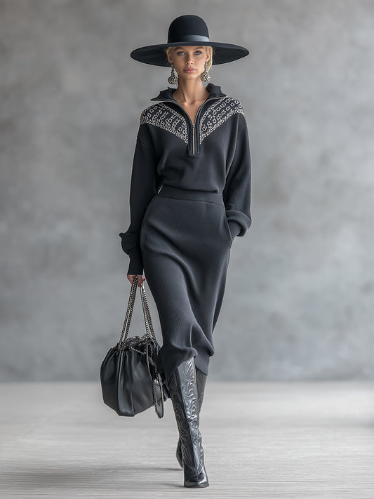 Fashionable And Casual Patterned Gray Half-zip Knitted Long-sleeved Midi Dress