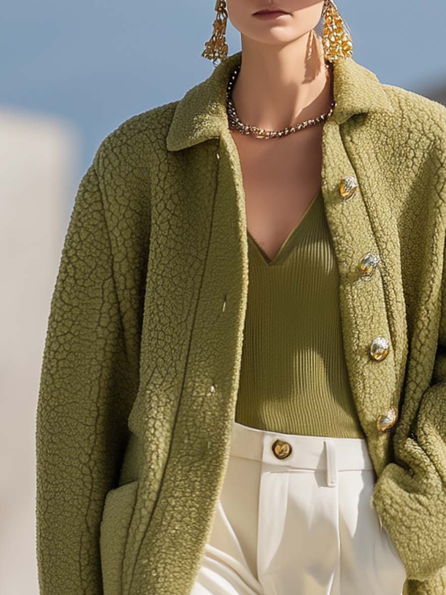 Fashionable And Versatile Fruit Green Polar Fleece Small Lapel Front Button Jacket Coat