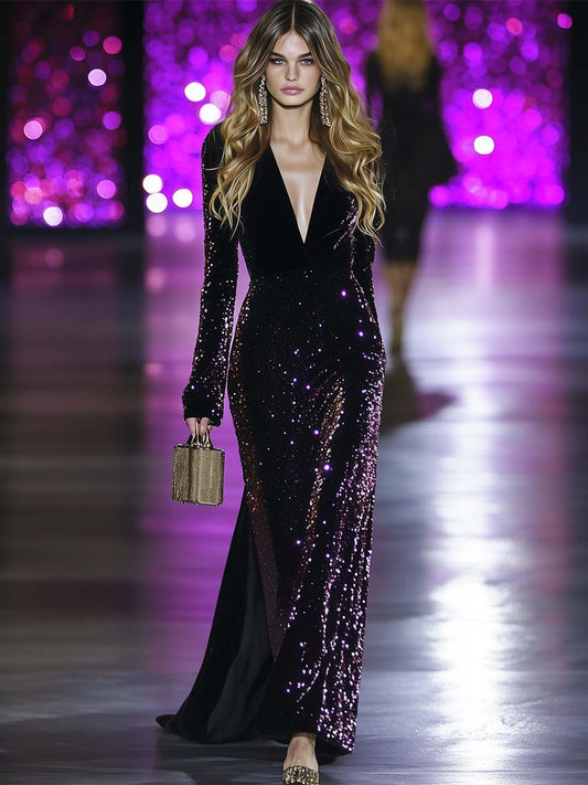 Fashion Retro V-neck Long-sleeved Purple Sequined Black Velvet Slit Maxi Dress