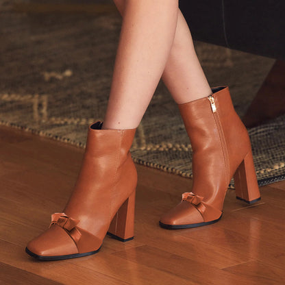 Elegant Brown Square Toe Knotted Chunky Heel Ankle Boots with Zip