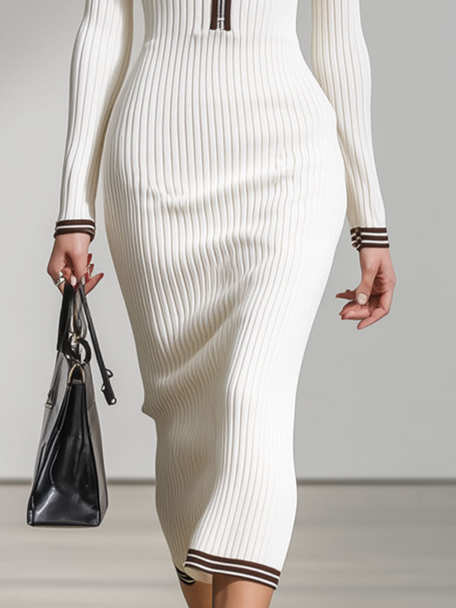 Fashion Retro Brown Trim White Knitted Ribbed Long-Sleeved Midi Dress