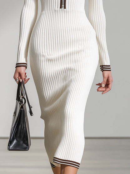 Fashion Retro Brown Trim White Knitted Ribbed Long-Sleeved Midi Dress