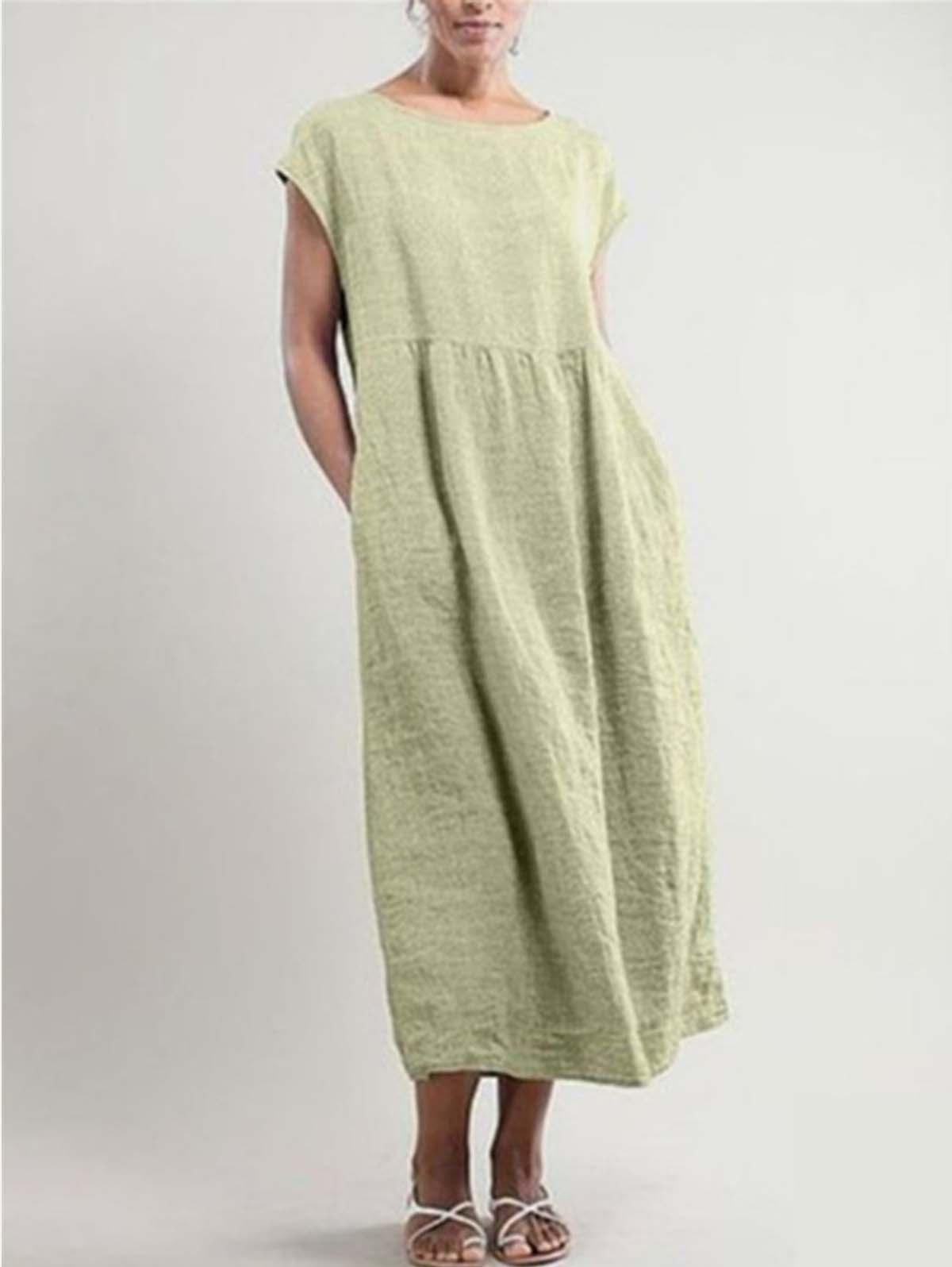 Solid color sleeveless loose cotton and linen pocket dress