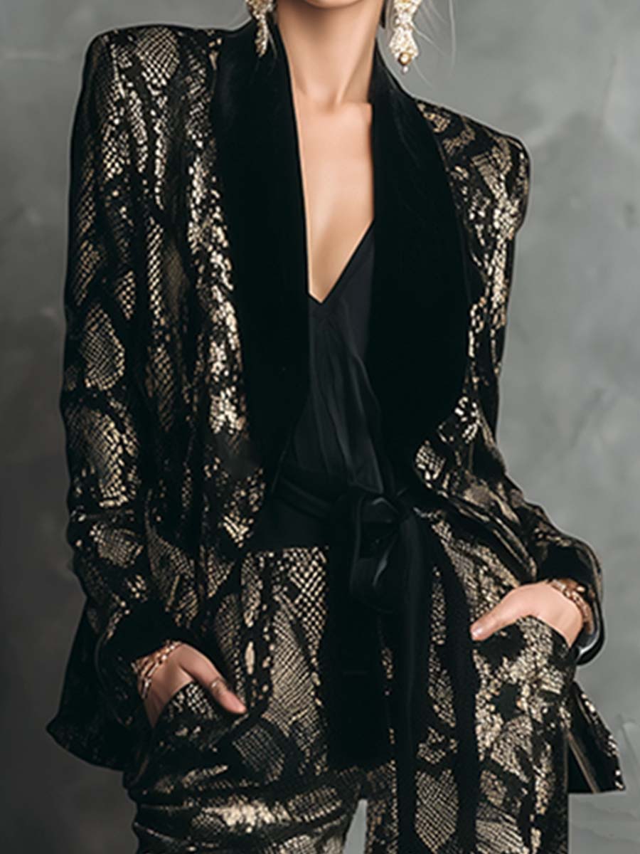 Elegant And Luxurious Gold Snake Print Black Velvet Suit Wide-leg Pants Set
