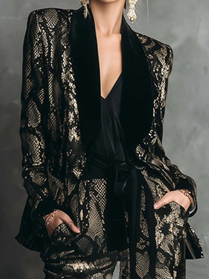 Elegant And Luxurious Gold Snake Print Black Velvet Suit Wide-leg Pants Set