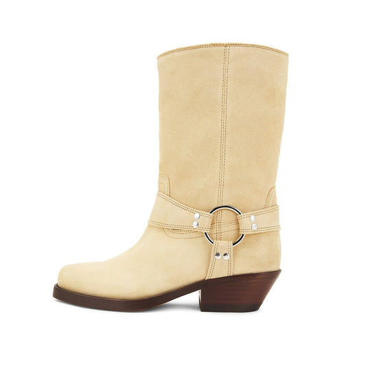 Beige Square Toe Hardware Ring Strap Women's Motorcycle Boots