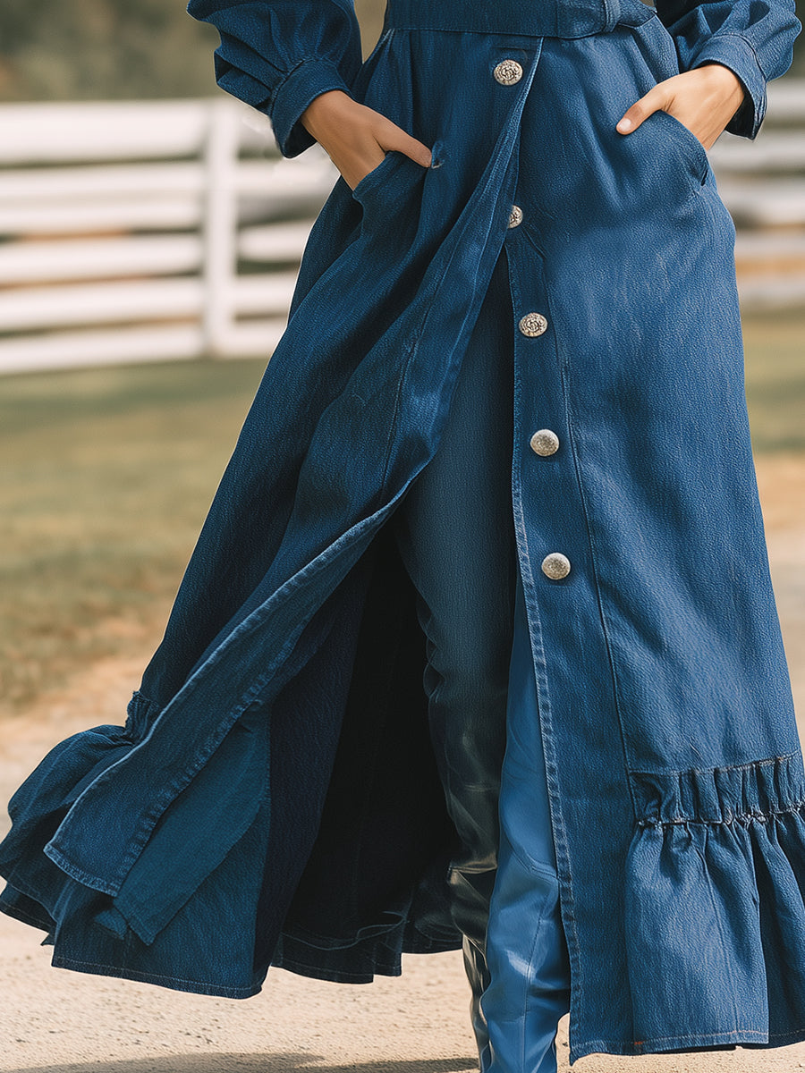 Elegant Western-style Ruffled Denim Long Trench Coat