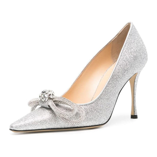 Glitter Bow Pointed Toe Stiletto High Heel Silver Pumps for Women