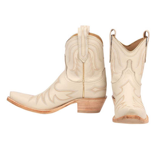 Beige Pointed Toe Chunky Heel Booties Embroidered Cowgirl Boots