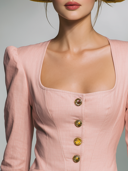 Elegant Square Collar Metal Button Peplum Shirt