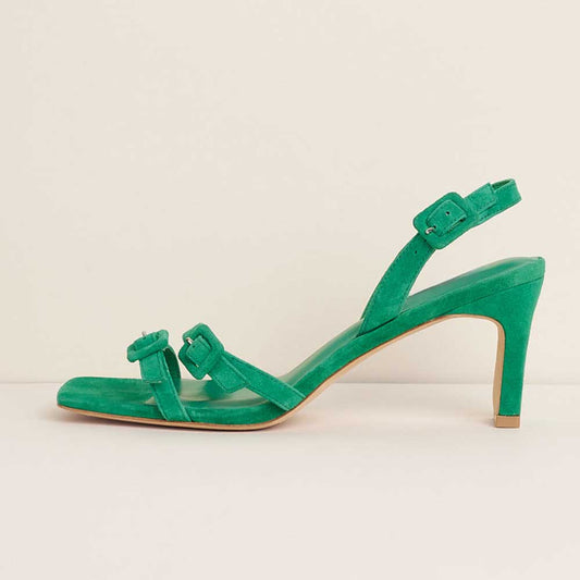 Faux Suede Vegan leather Insole Ankle Strappy Heel Sandals in Green