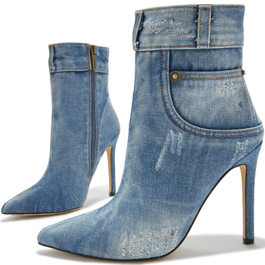 Distressed Denim Pointed Toe Stiletto Heel Ankle Boots in Blue