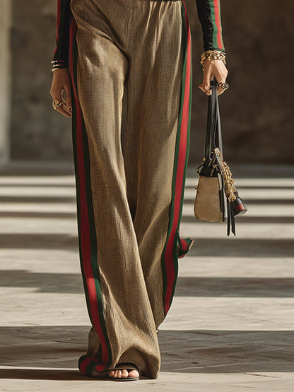 Elegant And Fashionable Striped Trim Black Stand-up Collar T-shirt And Trousers Set