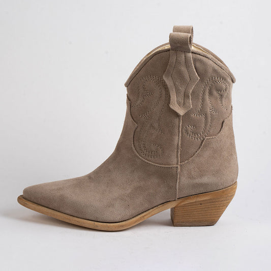Embroidered Snip Toe Low Heel Taupe Ankle Cowgirl Booties for Women