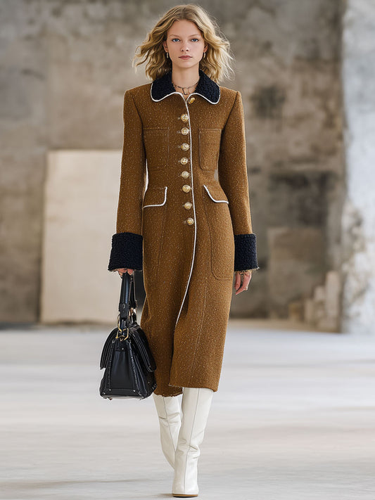 Fashionable Loose Retro Black Polar Fleece Splicing Camel Wool Long Coat