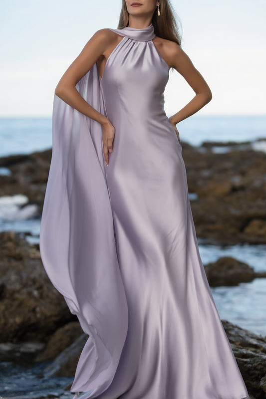 Formal Satin Dress Purple Cape Halter Neck Floor-Length Dress
