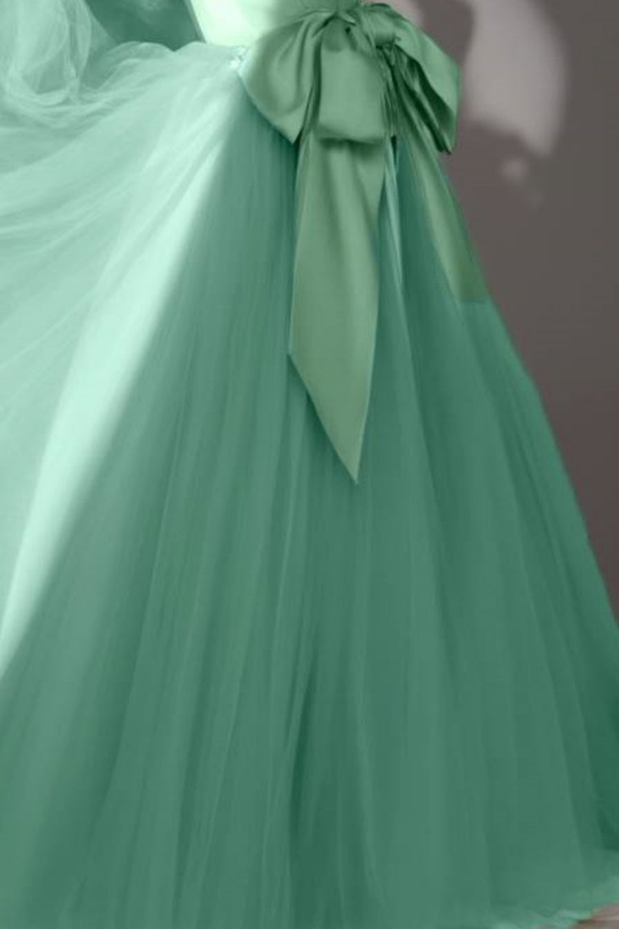 Evening Swing Satin Dress Green Strapless Mesh Floor-Length Dress