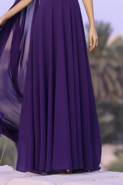 Evening Formal Cape Dress Purple Crew Neck Belted Floor-Length Dress